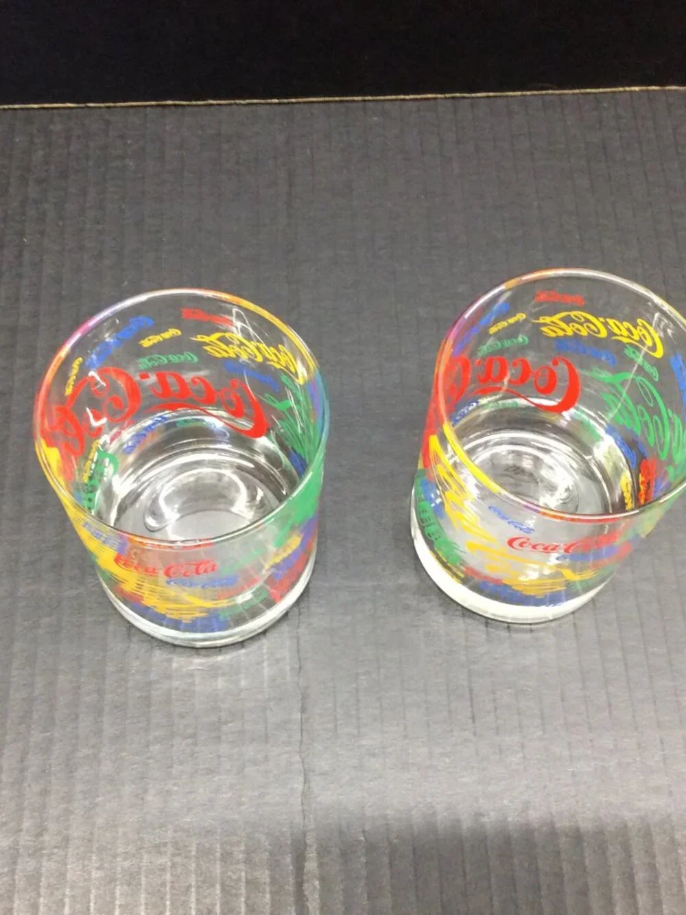VINTAGE 1987 12oz Multi-Colored Coca Cola Whiskey Glass Indiana Glass Lot of 2